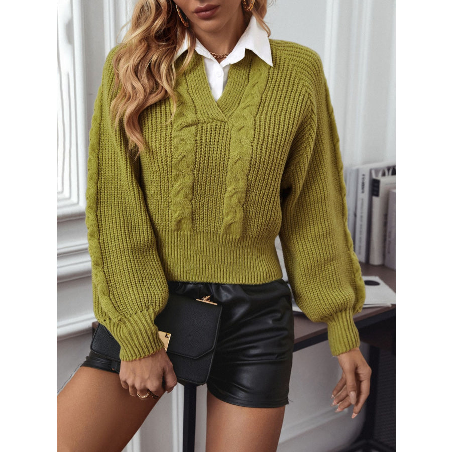 Cable-Knit Collared Neck Faux Layered Sweater Apparel and Accessories