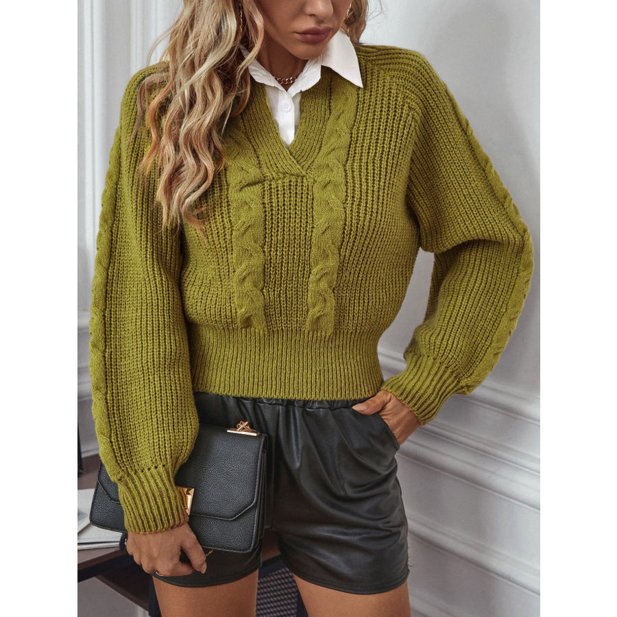 Cable-Knit Collared Neck Faux Layered Sweater Apparel and Accessories