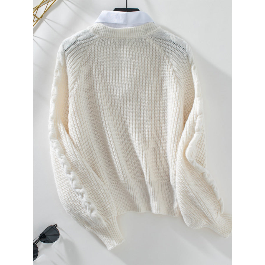 Cable-Knit Collared Neck Faux Layered Sweater Apparel and Accessories
