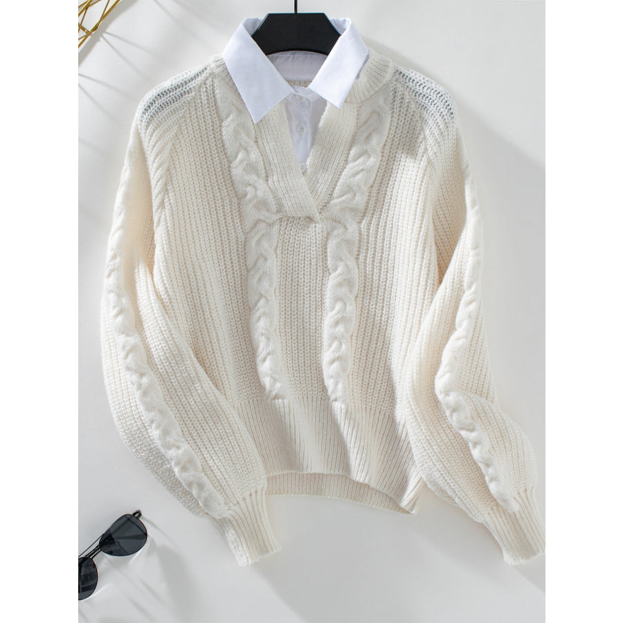 Cable-Knit Collared Neck Faux Layered Sweater Cream / S Apparel and Accessories