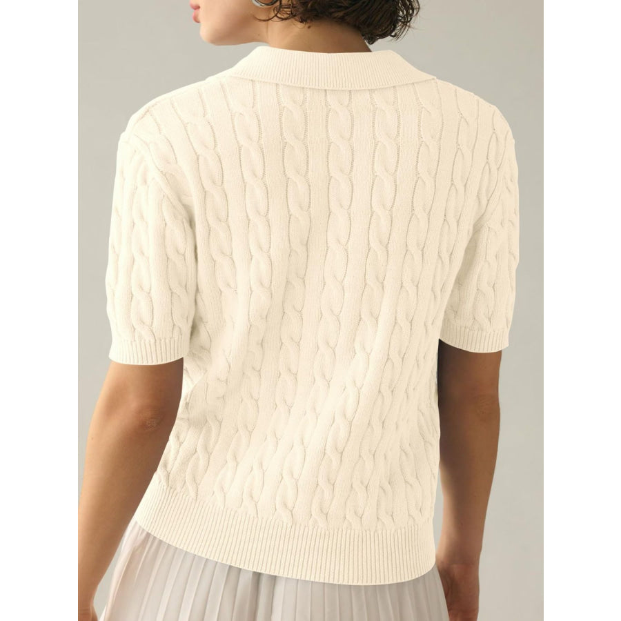 Cable-Knit Collared Neck Half Sleeve Sweater Apparel and Accessories