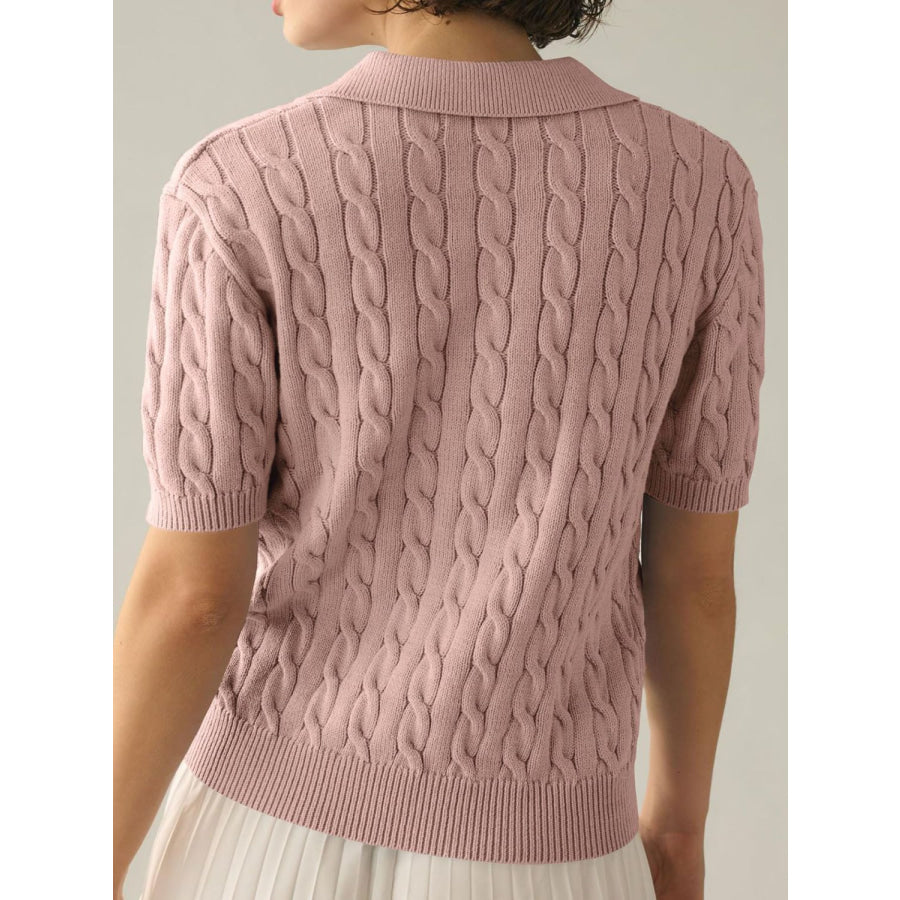 Cable-Knit Collared Neck Half Sleeve Sweater Apparel and Accessories