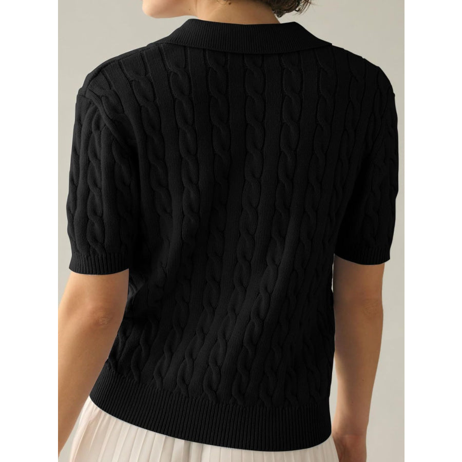 Cable-Knit Collared Neck Half Sleeve Sweater Apparel and Accessories