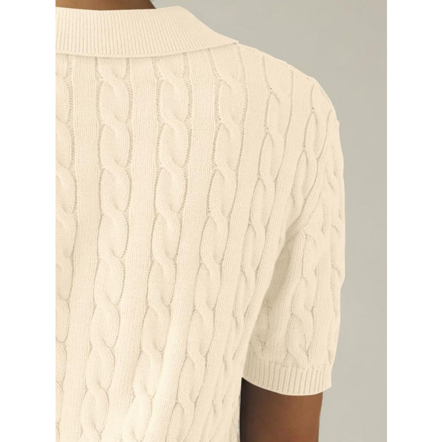 Cable-Knit Collared Neck Half Sleeve Sweater Apparel and Accessories