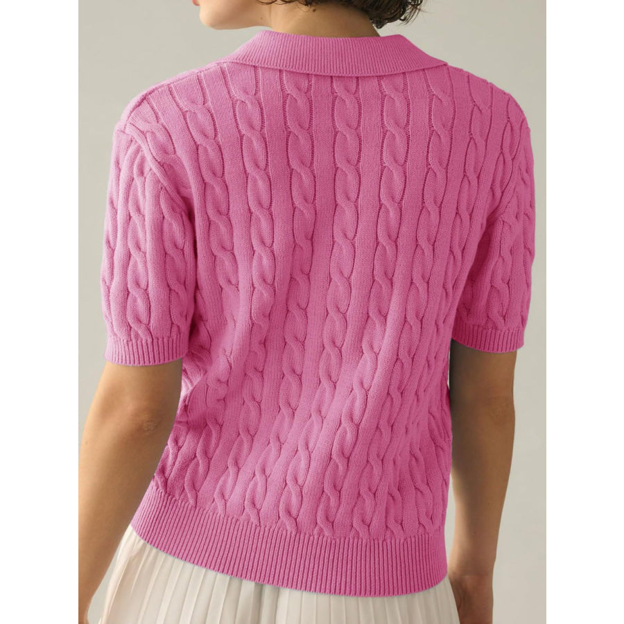 Cable-Knit Collared Neck Half Sleeve Sweater Apparel and Accessories