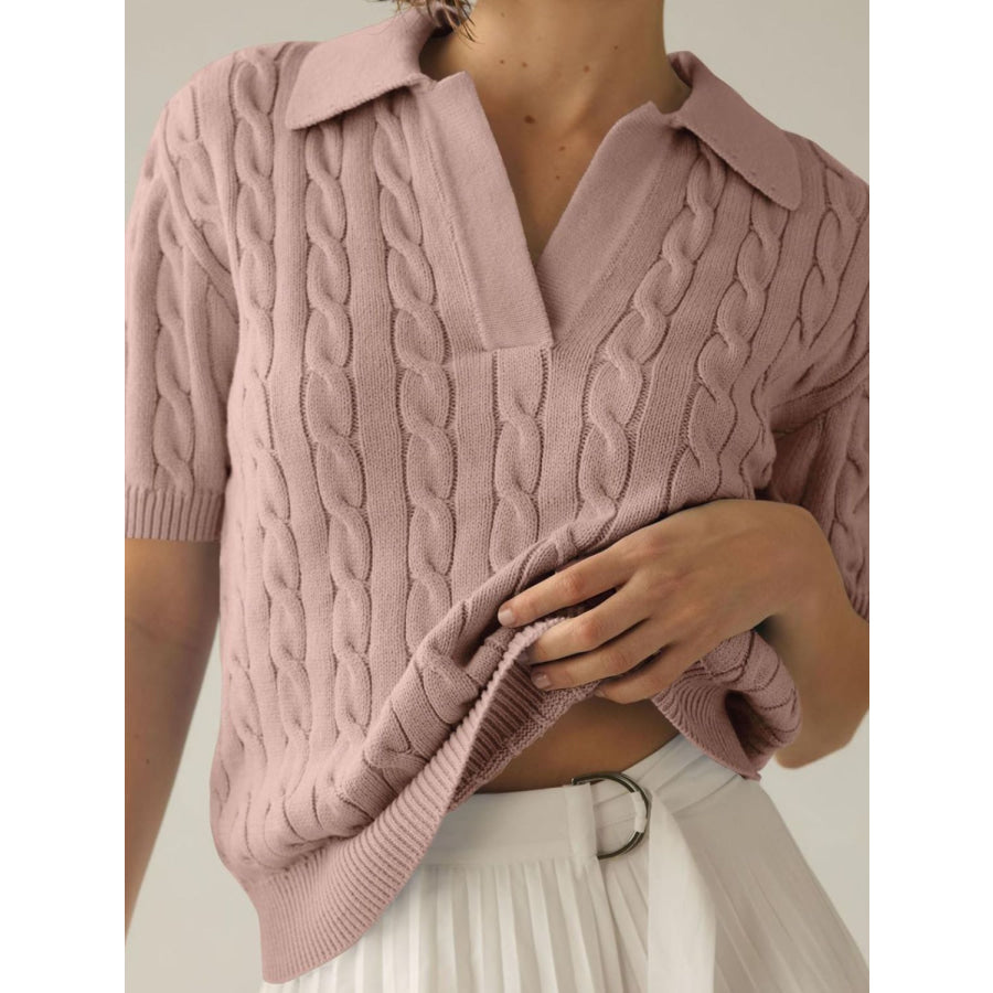 Cable-Knit Collared Neck Half Sleeve Sweater Dusty Pink / S Apparel and Accessories