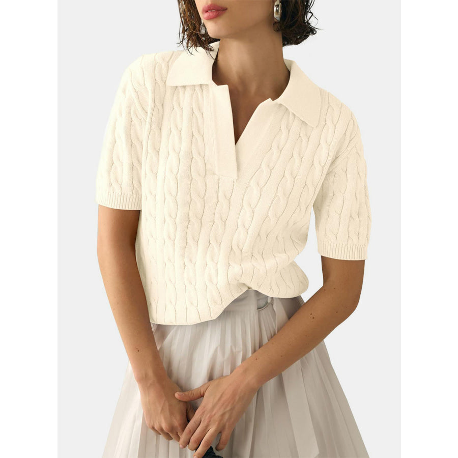 Cable-Knit Collared Neck Half Sleeve Sweater Ivory / S Apparel and Accessories