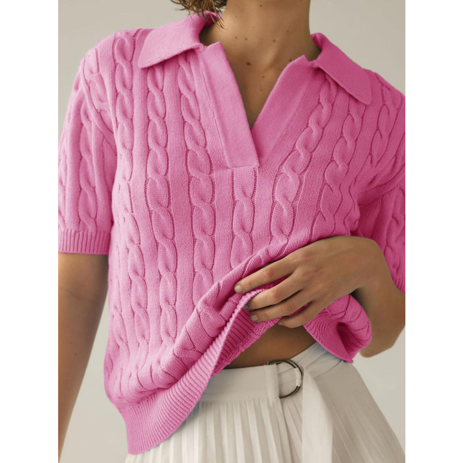 Cable-Knit Collared Neck Half Sleeve Sweater Pink / S Apparel and Accessories