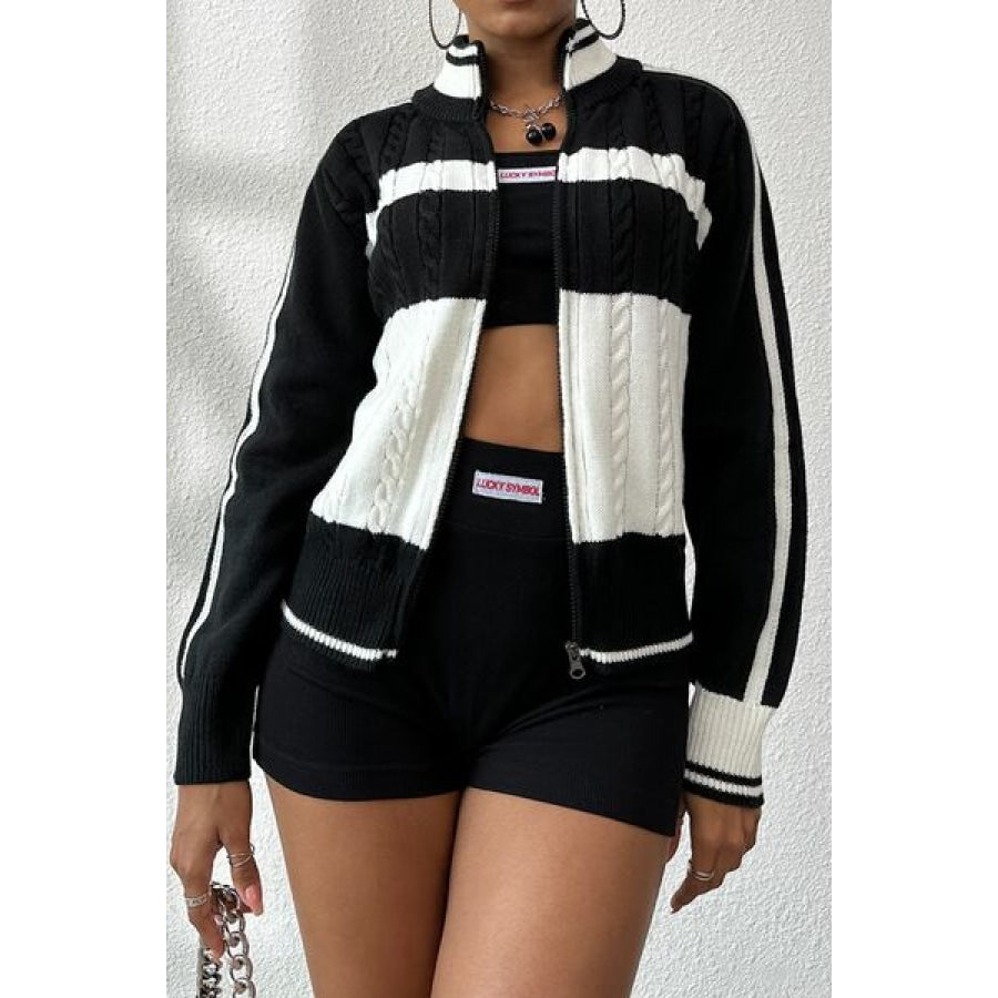 Cable-Knit Color Block Raglan Sleeve Cardigan Black / S Clothing