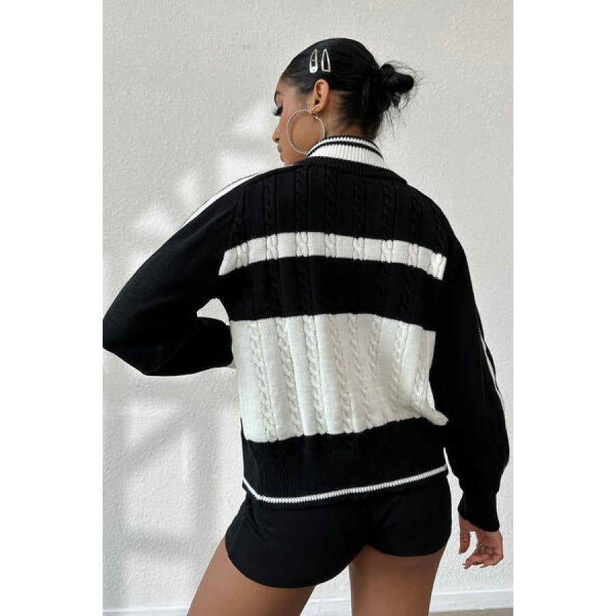 Cable-Knit Color Block Raglan Sleeve Cardigan Black / S Clothing