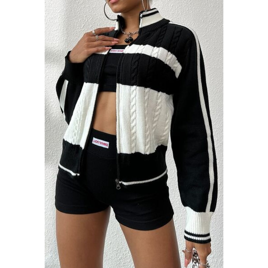 Cable-Knit Color Block Raglan Sleeve Cardigan Clothing