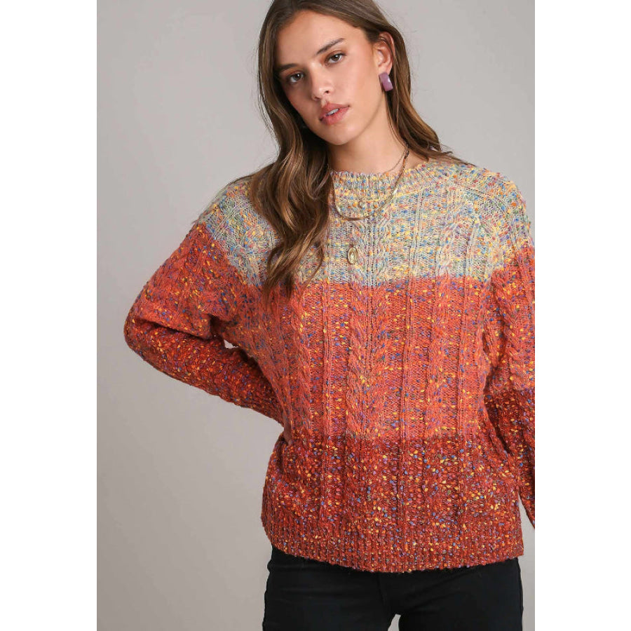 Cable-Knit Color Block Round Neck Long Sleeve Sweater Apparel and Accessories