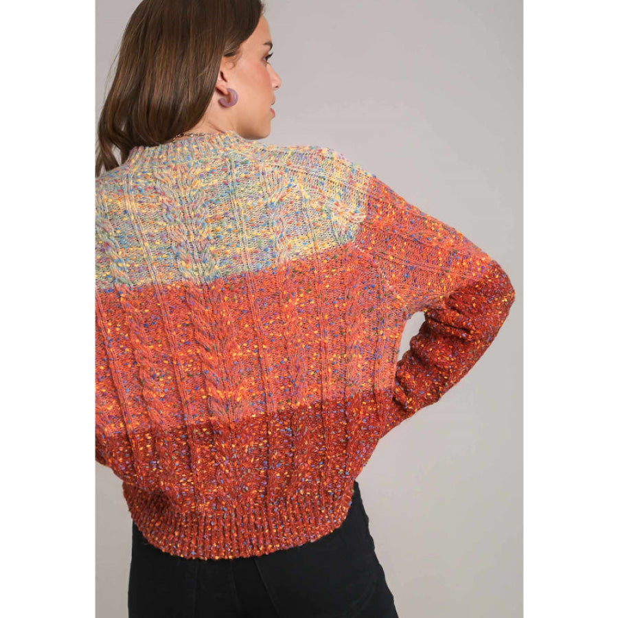 Cable-Knit Color Block Round Neck Long Sleeve Sweater Apparel and Accessories