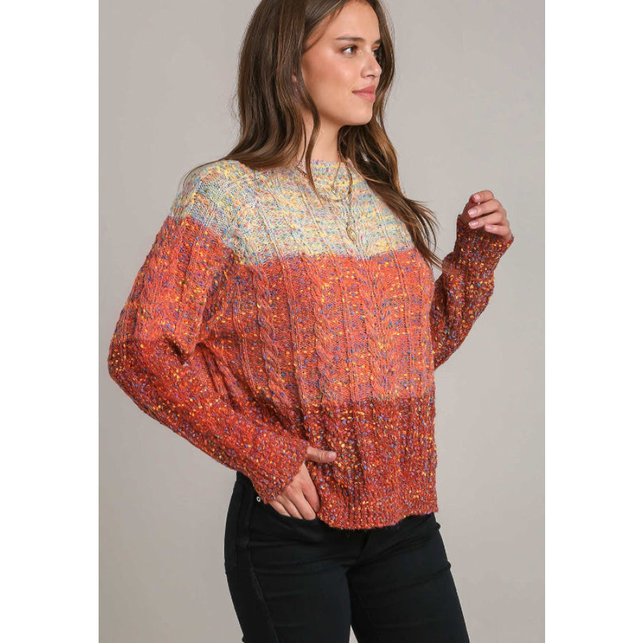 Cable-Knit Color Block Round Neck Long Sleeve Sweater Apparel and Accessories