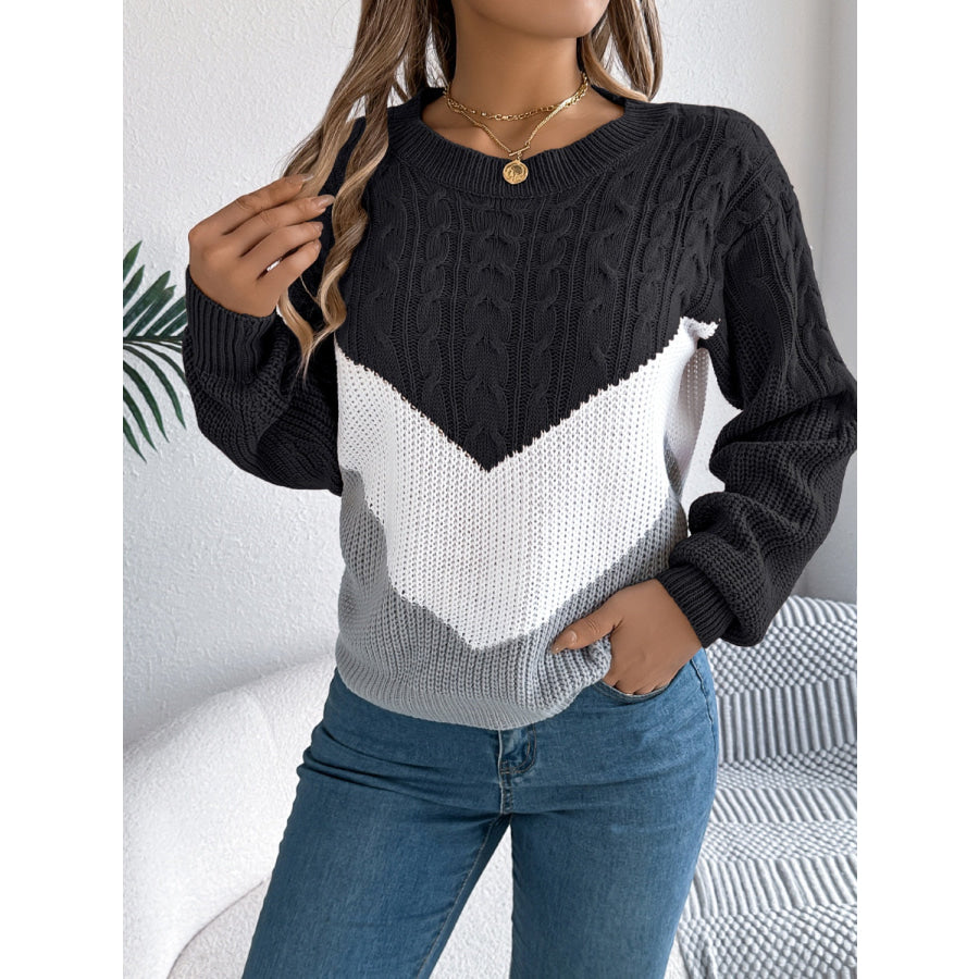 Cable-Knit Color Block Round Neck Sweater Apparel and Accessories