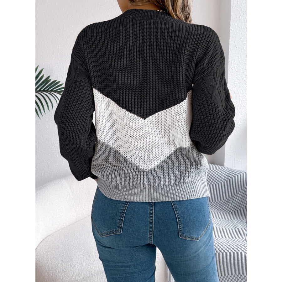 Cable-Knit Color Block Round Neck Sweater Apparel and Accessories