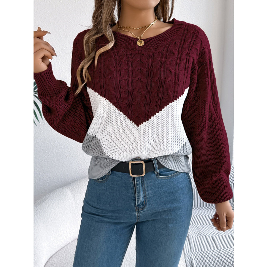 Cable-Knit Color Block Round Neck Sweater Apparel and Accessories