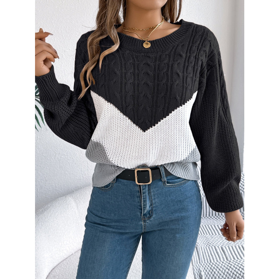 Cable-Knit Color Block Round Neck Sweater Apparel and Accessories