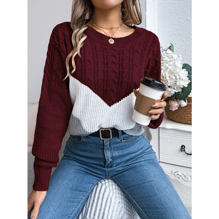 Cable-Knit Color Block Round Neck Sweater Apparel and Accessories