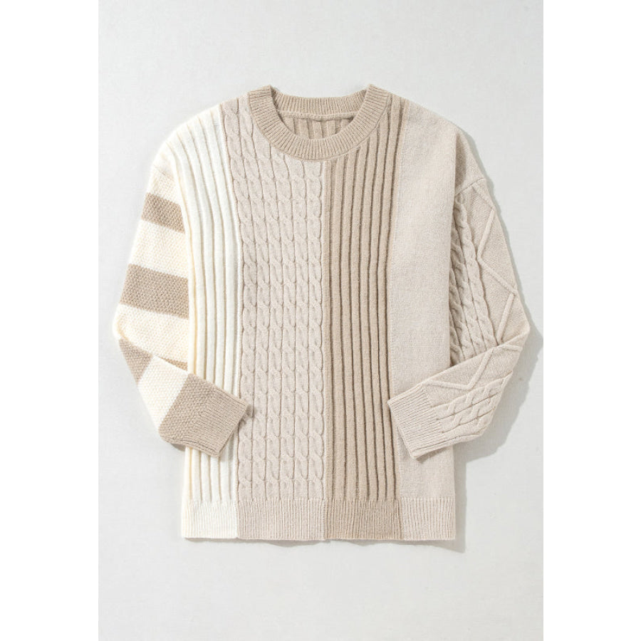 Cable-Knit Color Block Round Neck Sweater Apparel and Accessories