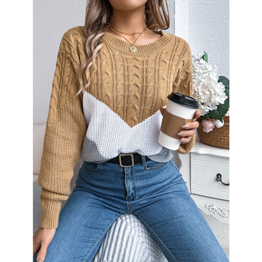 Cable-Knit Color Block Round Neck Sweater Apparel and Accessories