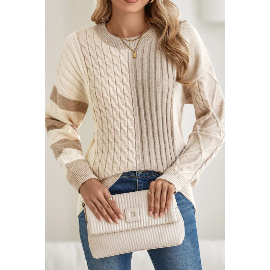 Cable-Knit Color Block Round Neck Sweater Apparel and Accessories
