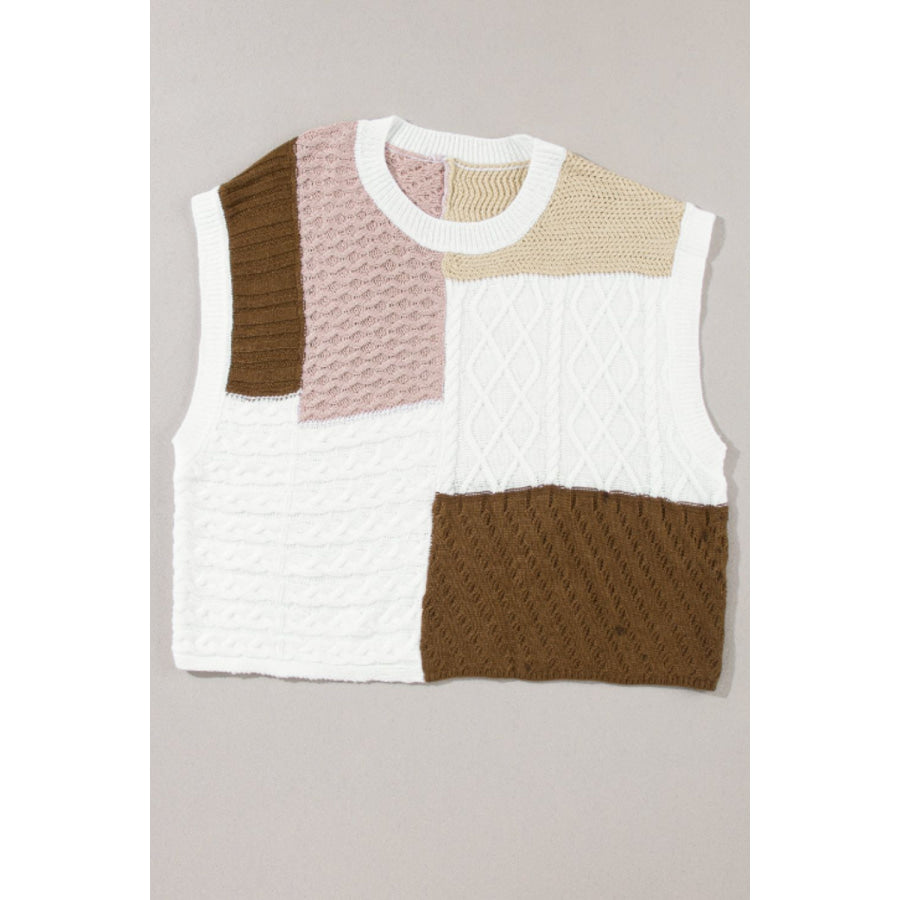 Cable-Knit Color Block Round Neck Sweater Vest Apparel and Accessories