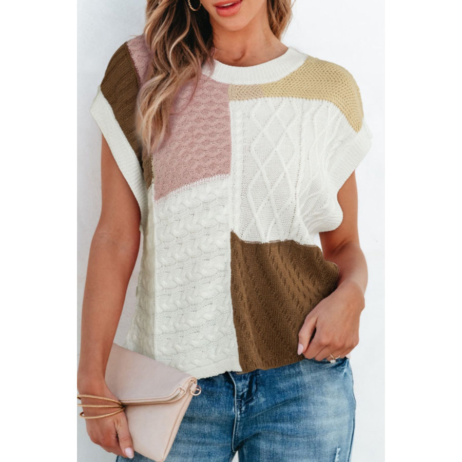 Cable-Knit Color Block Round Neck Sweater Vest Apparel and Accessories