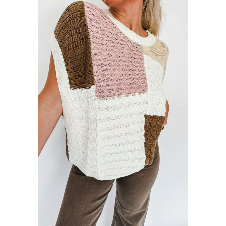 Cable-Knit Color Block Round Neck Sweater Vest Apparel and Accessories