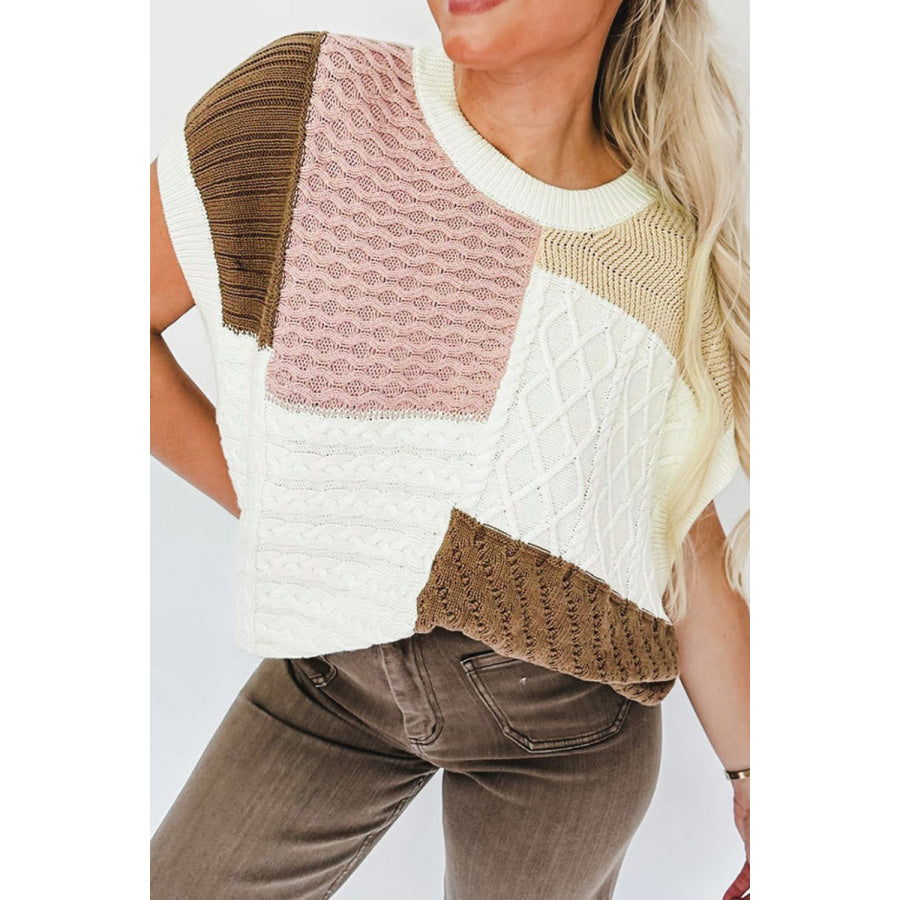 Cable-Knit Color Block Round Neck Sweater Vest Dusty Pink / S Apparel and Accessories