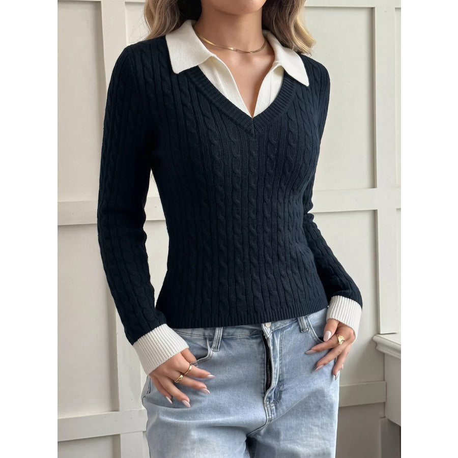Cable Knit Contrast Collar Sweater Apparel and Accessories