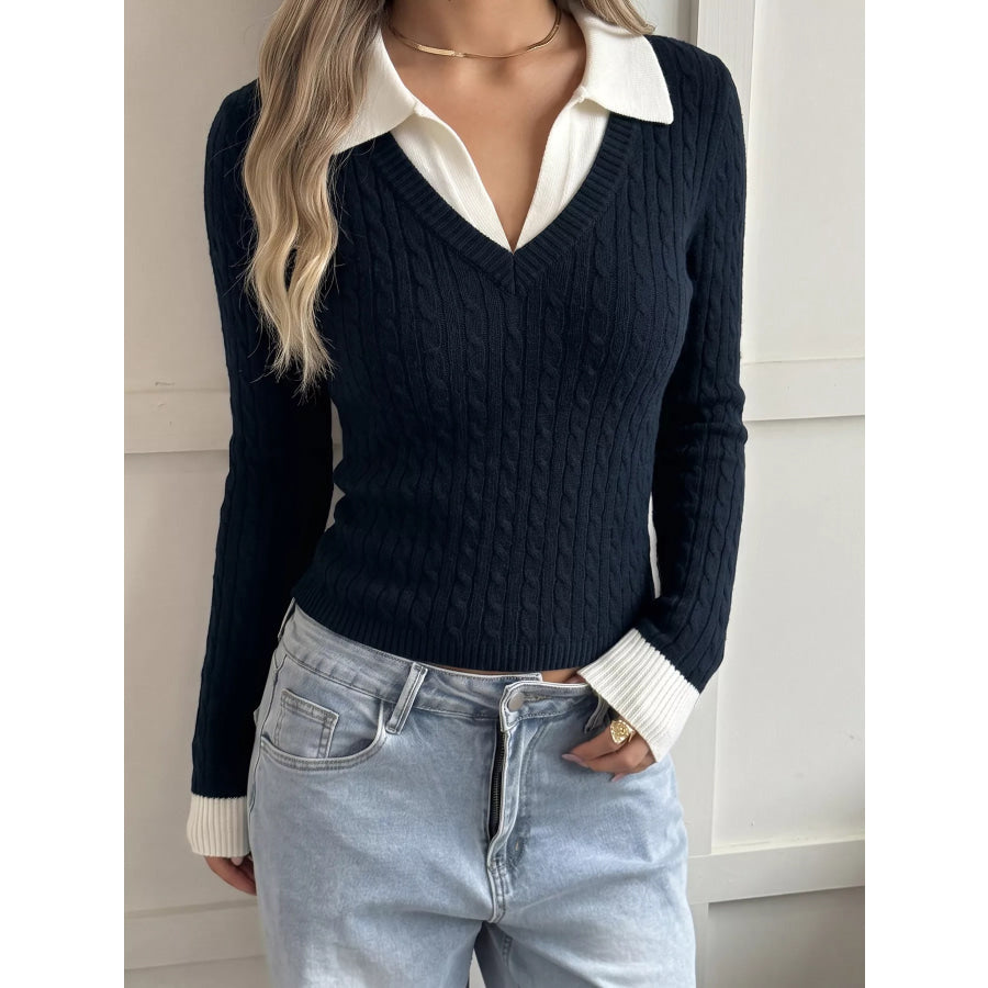 Cable Knit Contrast Collar Sweater Apparel and Accessories