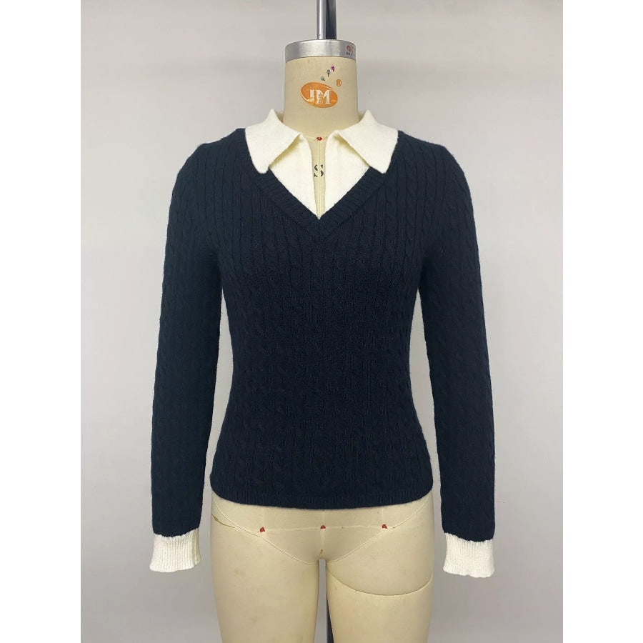 Cable Knit Contrast Collar Sweater Apparel and Accessories