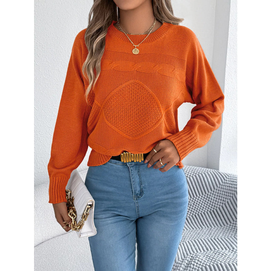 Cable Knit Crew Neck Sweater Orange / S Apparel and Accessories