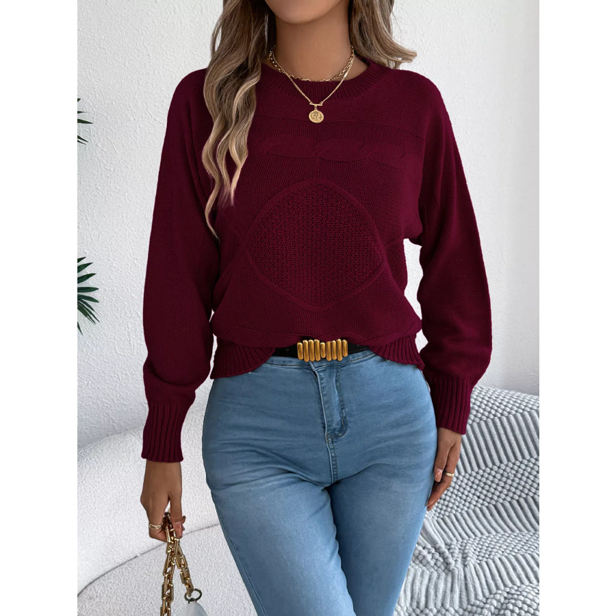 Cable Knit Crew Neck Sweater Wine Red / S Apparel and Accessories