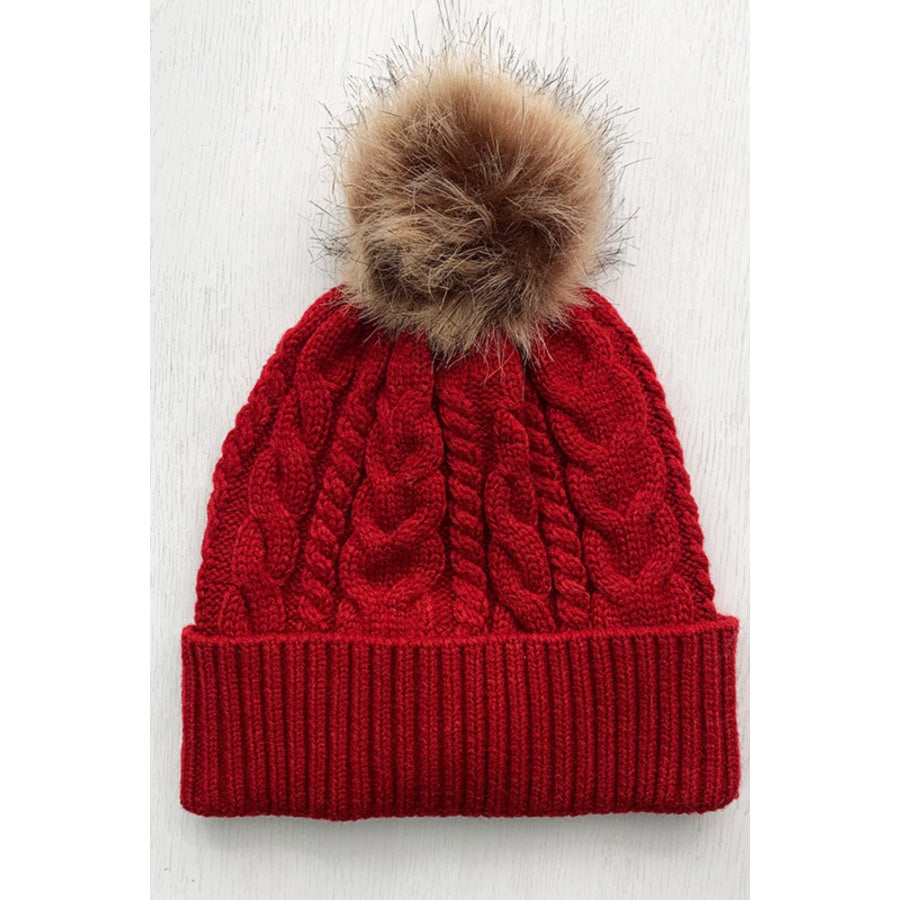 Cable-Knit Cuffed Hat with Pom-pom Scarlet / One Size Apparel and Accessories