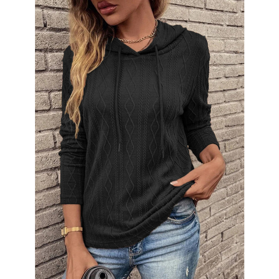 Cable-Knit Drawstring Hooded Knit Top Black / S Apparel and Accessories