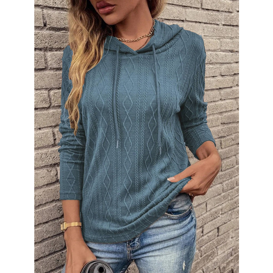 Cable-Knit Drawstring Hooded Knit Top French Blue / S Apparel and Accessories