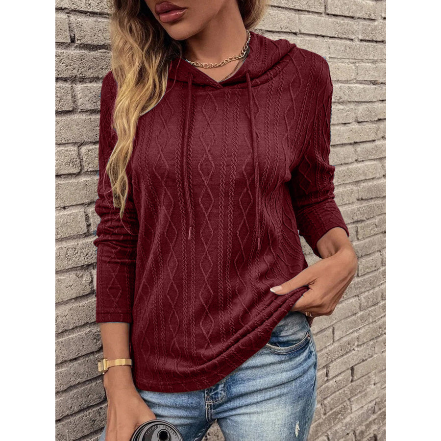 Cable-Knit Drawstring Hooded Knit Top Wine / S Apparel and Accessories