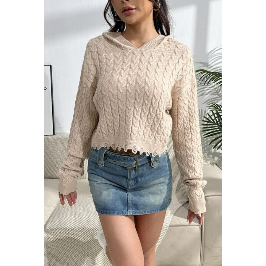 Cable-Knit Dropped Shoulder Hooded Sweater Sand / S Clothing