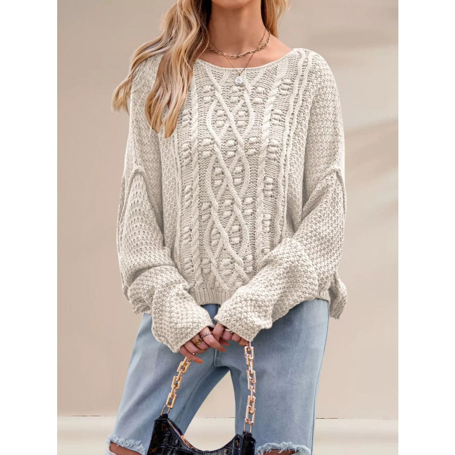 Cable Knit Dropped Shoulder Sweater Apricot / S Apparel and Accessories