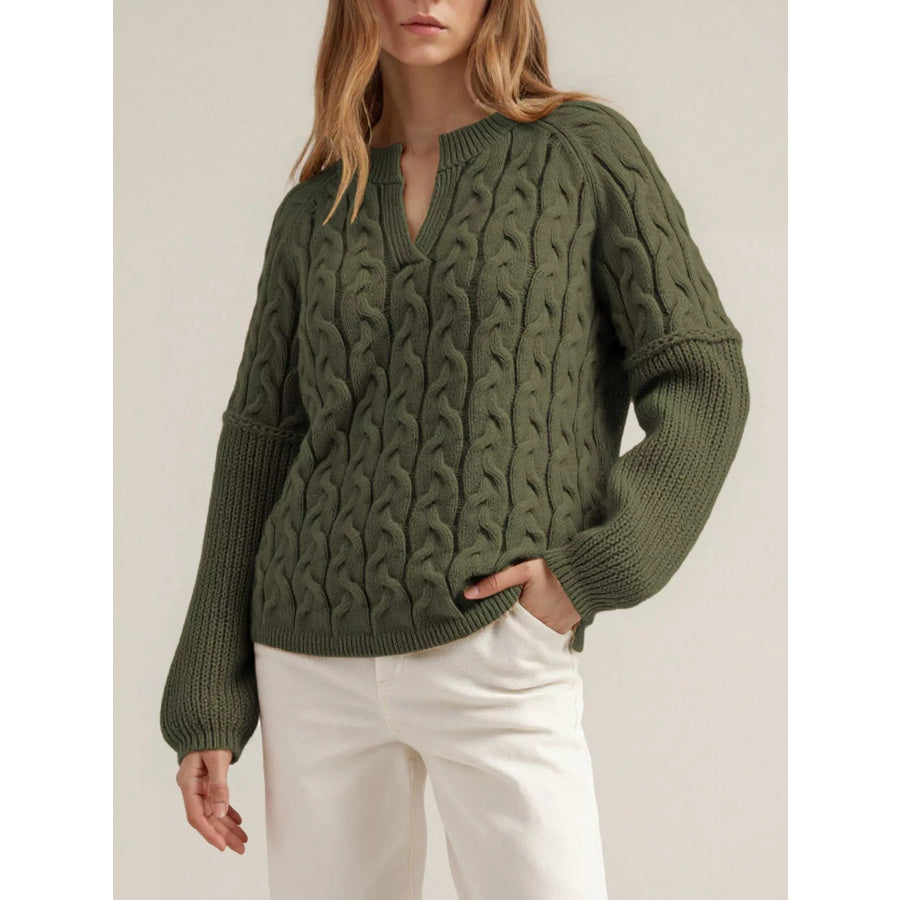 Cable-Knit Dropped Shoulder Sweater Army Green / S Apparel and Accessories