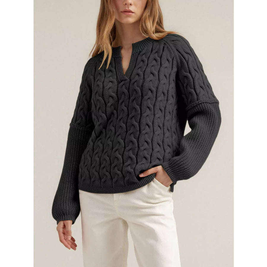 Cable-Knit Dropped Shoulder Sweater Black / S Apparel and Accessories
