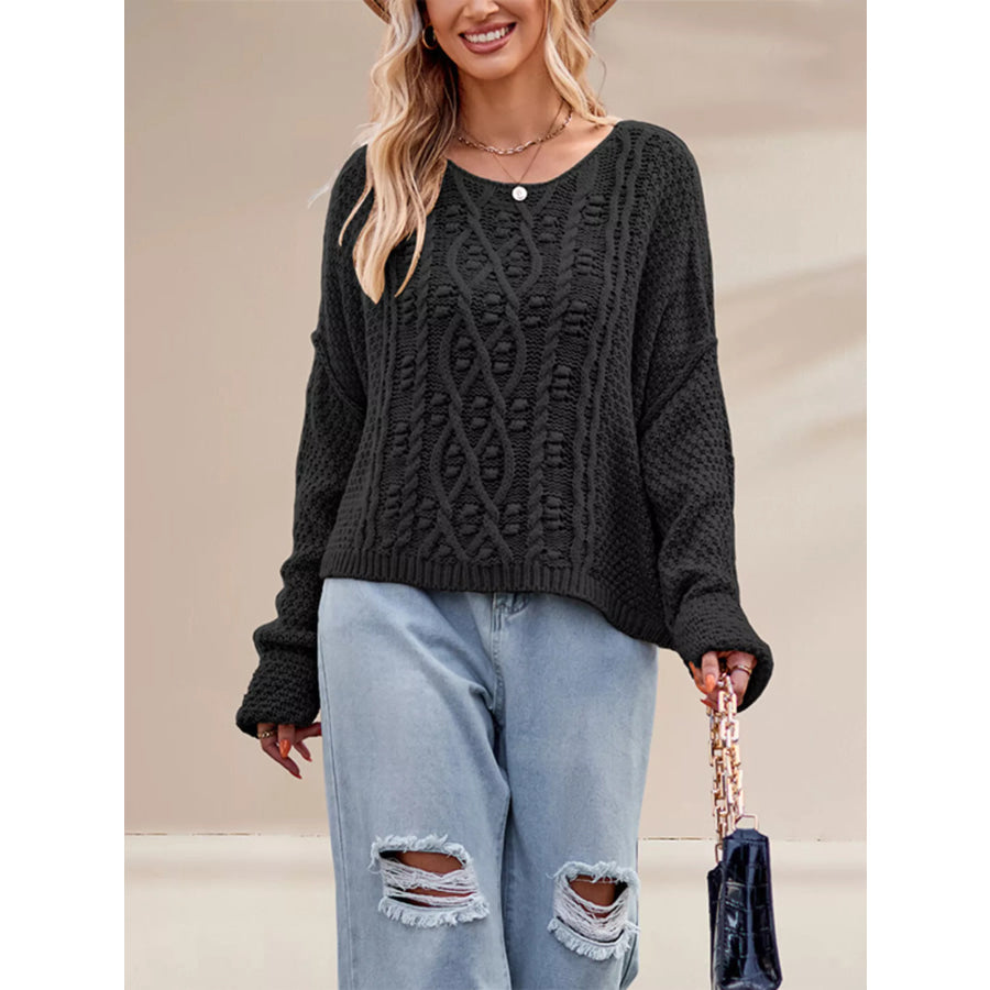 Cable Knit Dropped Shoulder Sweater Black / S Apparel and Accessories