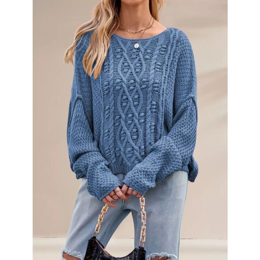 Cable Knit Dropped Shoulder Sweater Blue / S Apparel and Accessories