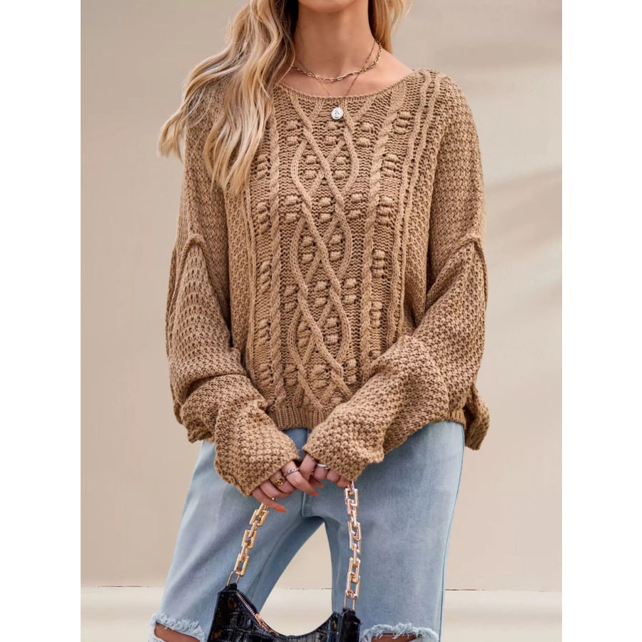 Cable Knit Dropped Shoulder Sweater Khaki / S Apparel and Accessories