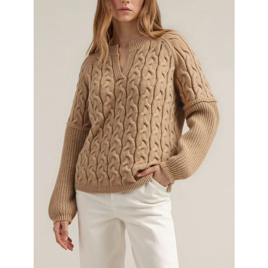 Cable-Knit Dropped Shoulder Sweater Khaki / S Apparel and Accessories