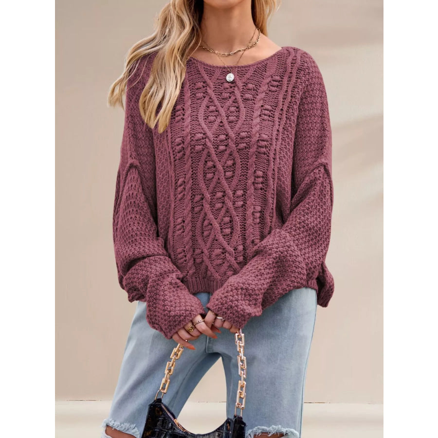 Cable Knit Dropped Shoulder Sweater Purplish Red / S Apparel and Accessories