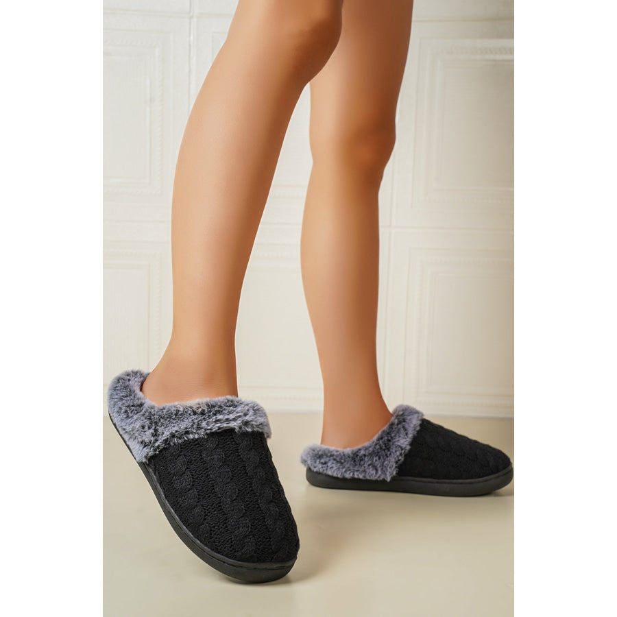 Cable-Knit Fluff Round Toe Slippers Black / 36-37(US5-6) Apparel and Accessories