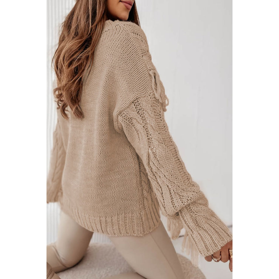 Cable Knit Fringe Round Neck Long Sleeve Sweater Apparel and Accessories